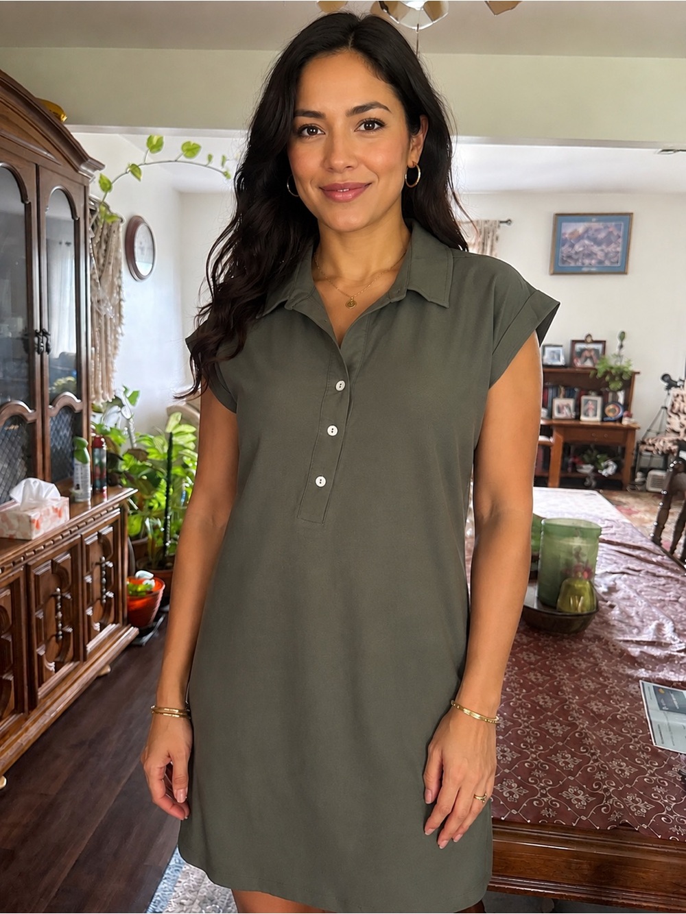 Sleeveless Polo Tunic Dress - Olive Green